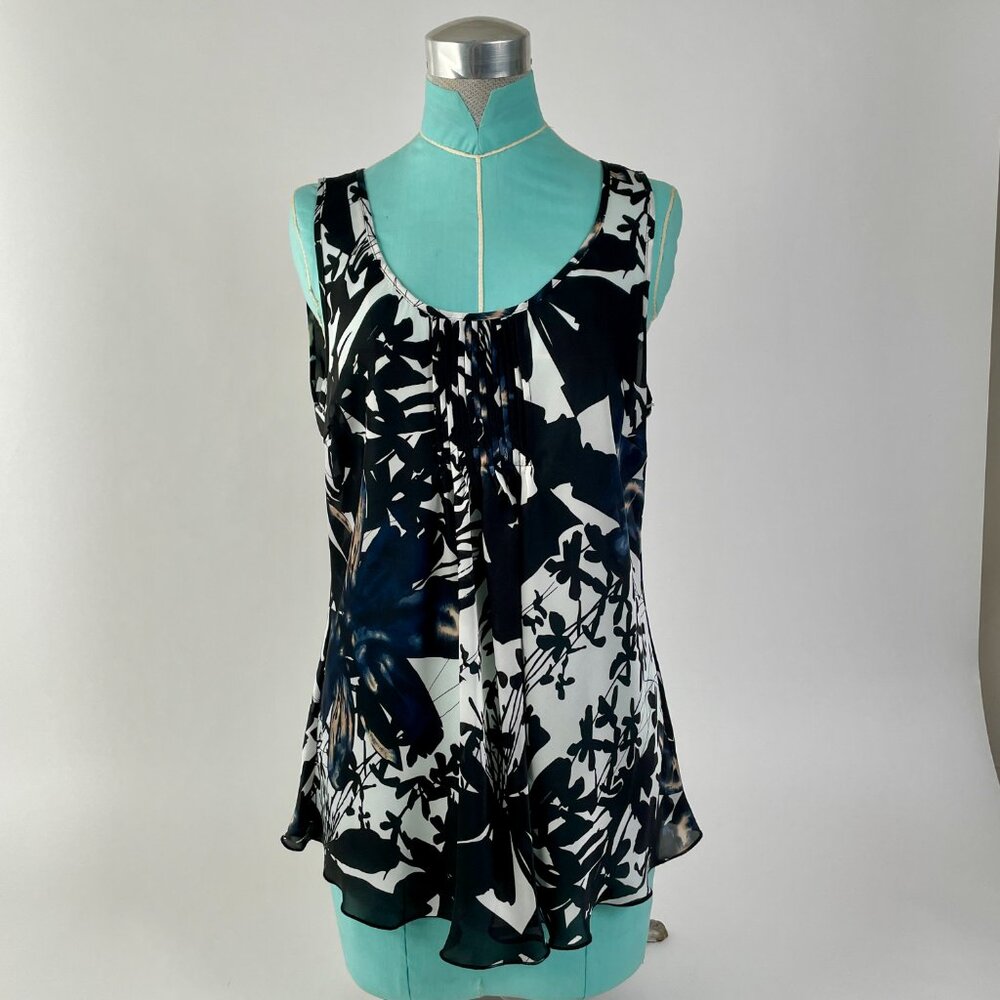 Spense Lightweight Silky Tank Top, Black/White Geometric Floral Print, Size L